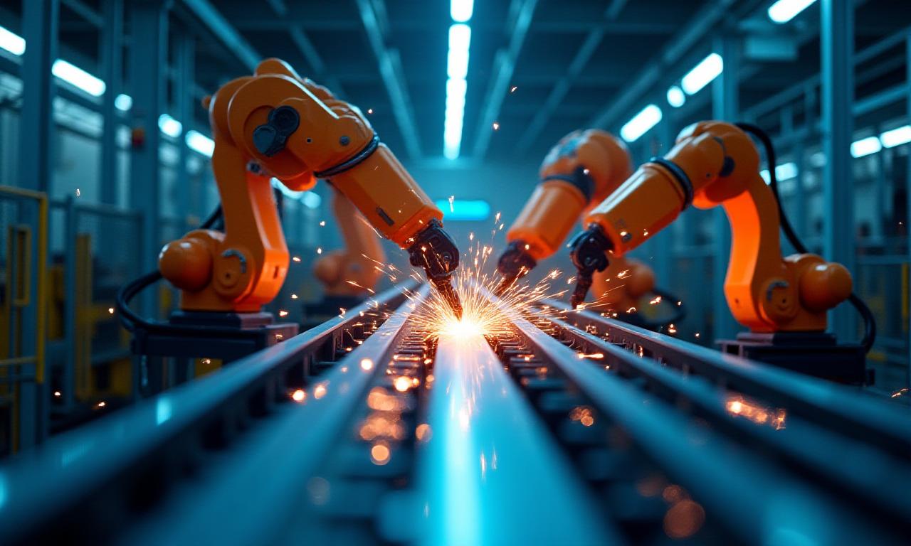 Modern automated factory floor with robotic arms